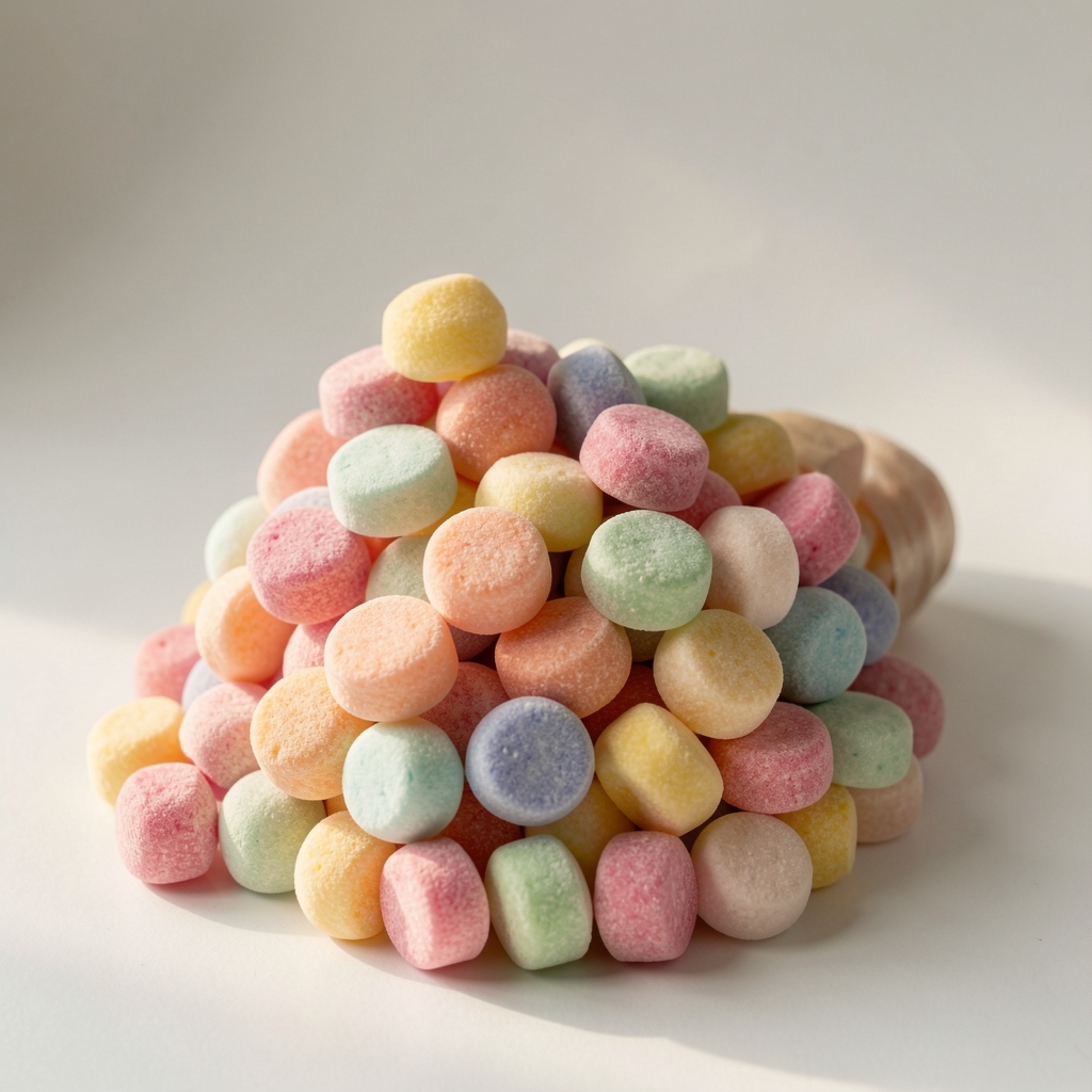 Pohľad na produktovú etiketu a okrúhle pastilky v mäkkom dennom svetle